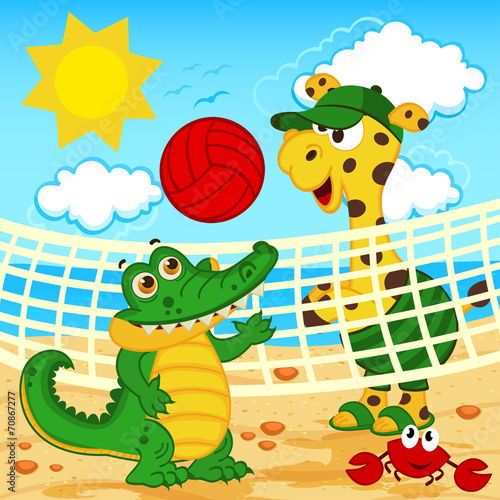 giraffe crocodile playing in beach volleyball - vector, eps