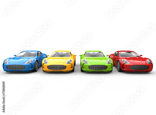 Row of multicolored cars on white background