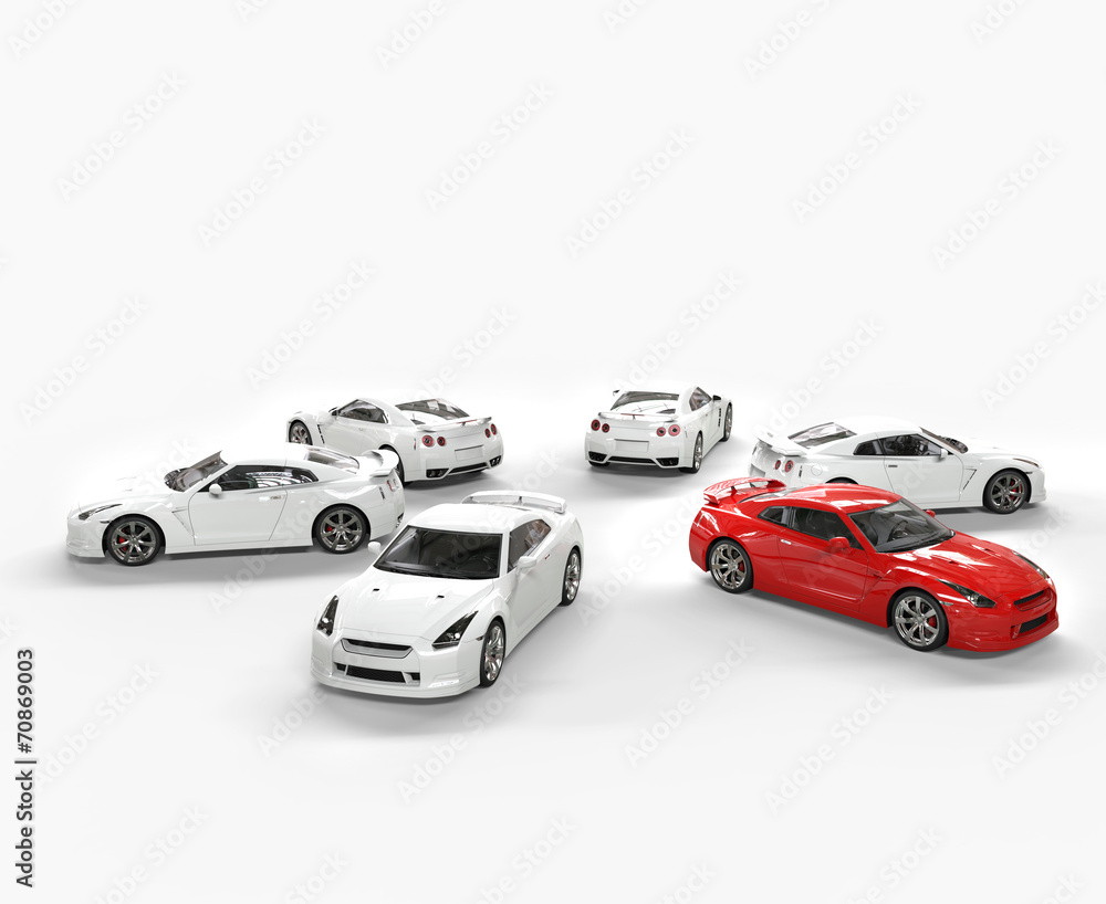 Naklejka premium Red car among many white cars