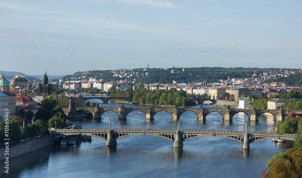 View of the Vltava River and the bridges at sunrise, Prague, the