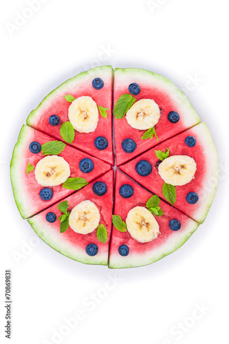 Watermelon pizza on white