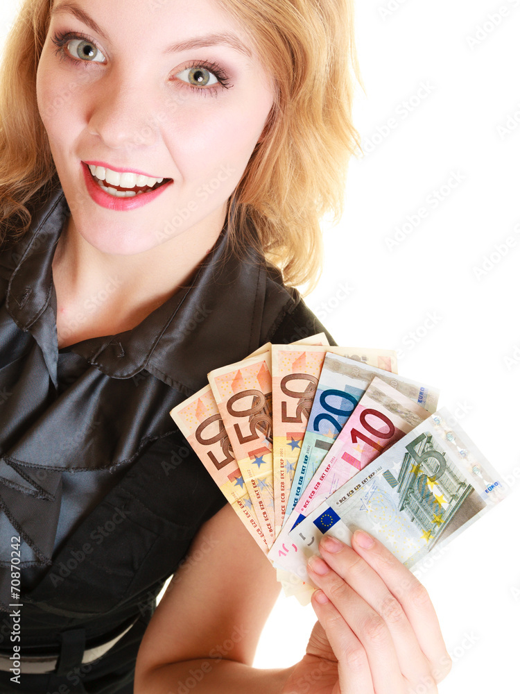 Rich woman showing euro currency money banknotes. Rich woman showing euro currency money banknotes.
