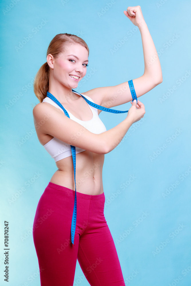 Diet. Fitness woman fit girl with measure tape Diet. Fitness woman fit girl with measure tape