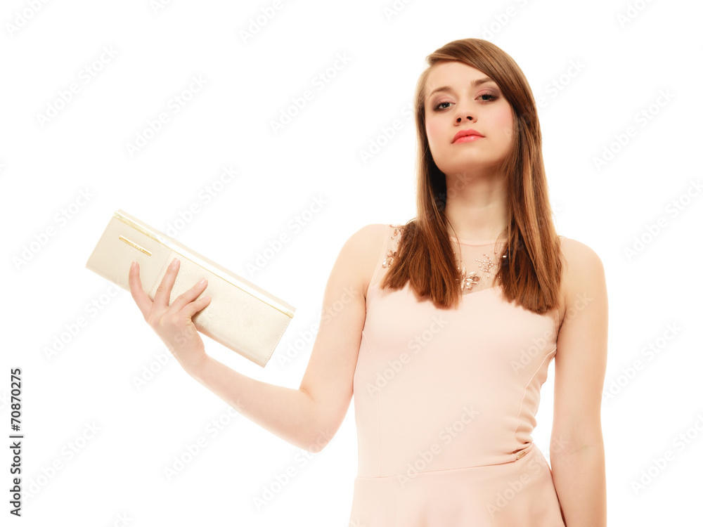 Elegance. Portrait of girl showing elegant handbag Elegance. Portrait of girl showing elegant handbag