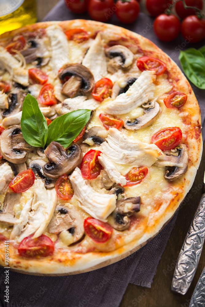 Pizza with chicken and mushrooms Pizza with chicken and mushrooms