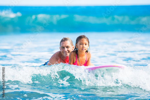 Father and Duaghter Surfing Together
