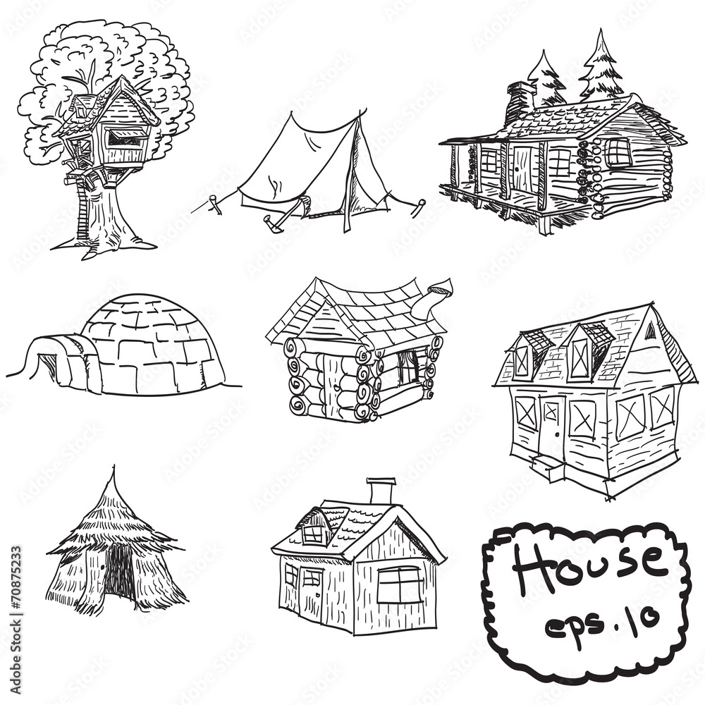 vector hand drawn set of houses, doodles