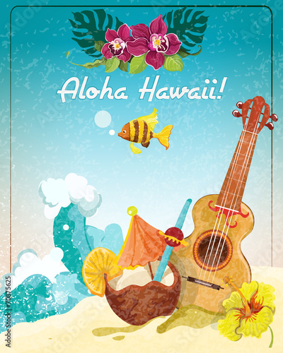 Hawaii guitar vacation poster