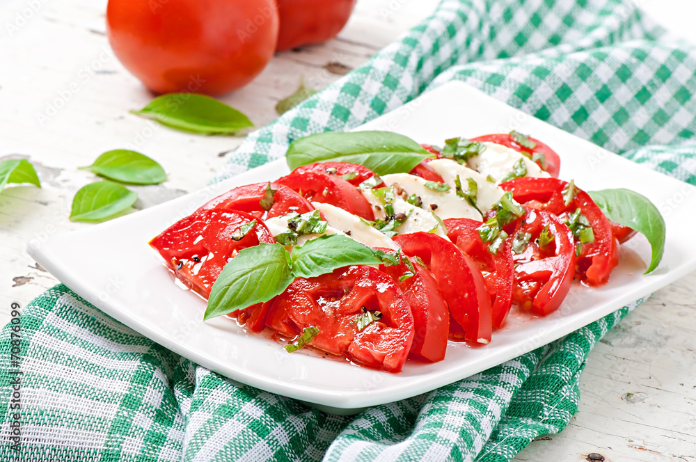 Caprese Salad. Tomato and Mozzarella slices with basil leaves. Caprese Salad. Tomato and Mozzarella slices with basil leaves.