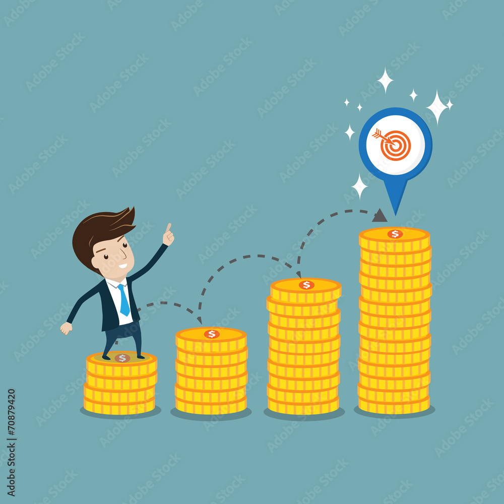 Businessman standing on coin step and pointing to target Businessman standing on coin step and pointing to target