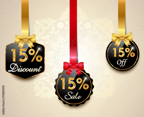 15 sale,discount golden labels with red bows, ribbons offer