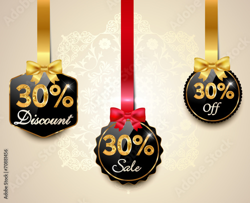 sale,discount golden labels with red bows, ribbons 30 off Tags