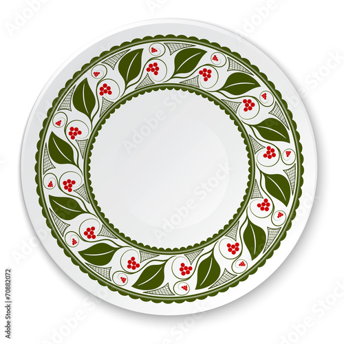 Round porcelain plate on a painting of a  viburnum on a white ba