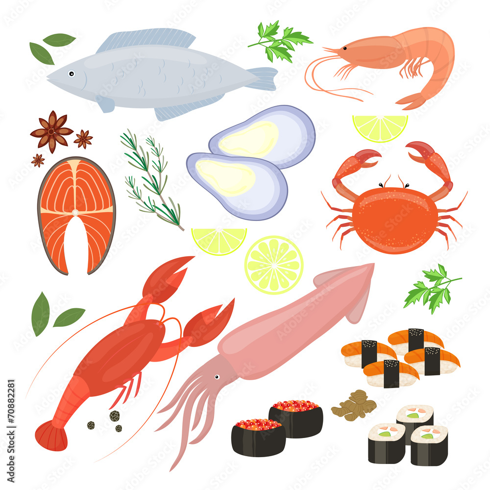 Selection of seafood  shrimp and sushi icons