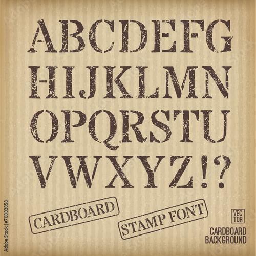 Alphabet old stamp style on cardboard background.