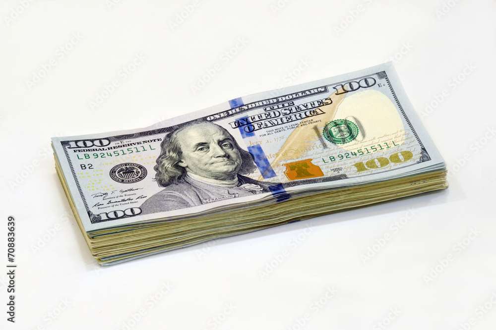 one hundred dollar bill closeup on white background one hundred dollar bill closeup on white background