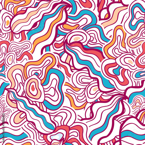Hand-drawn waves floral pattern, abstract colorful leaves and fl