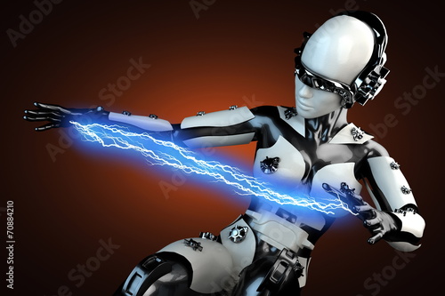 woman robot of steel and white plastic with lightning