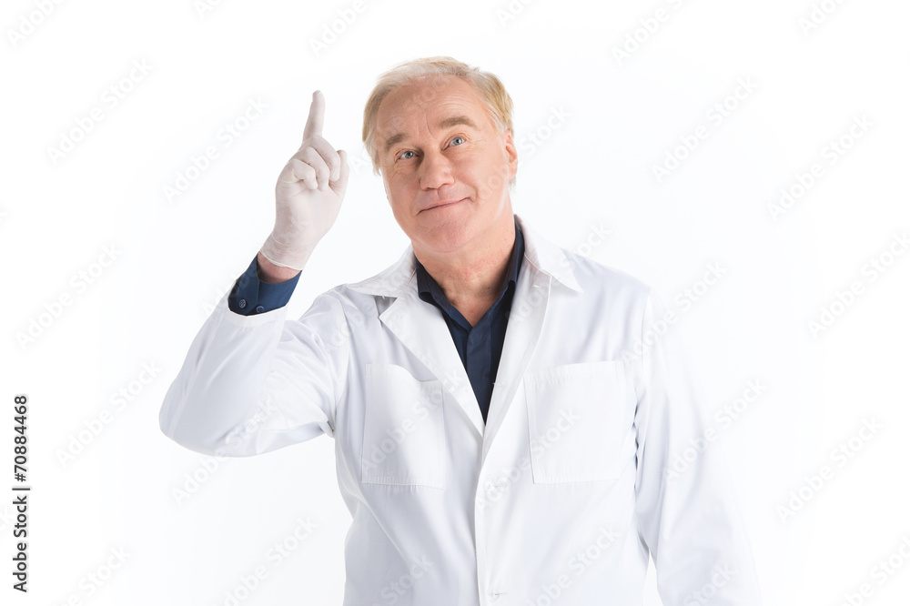scientist holding hand up and pointing to blank. scientist holding hand up and pointing to blank.