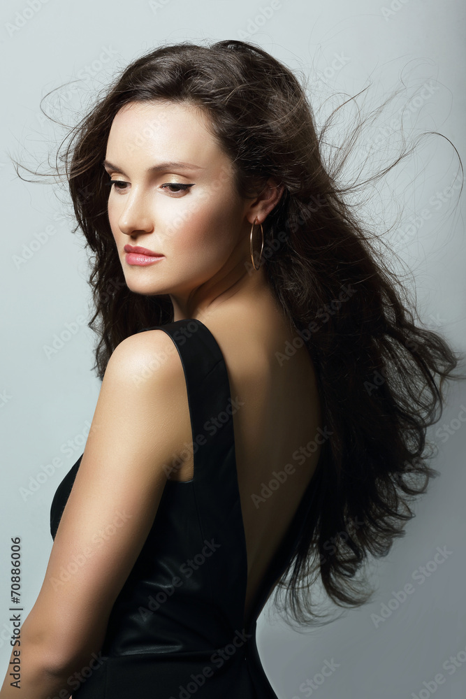 Charm. Aristocratic Lady in Black Dress and Flowing Hair Charm. Aristocratic Lady in Black Dress and Flowing Hair