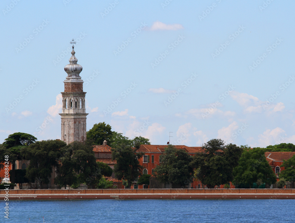 Bell tower of Saint Lazzaro degli Armeni in the venetian lagoon
