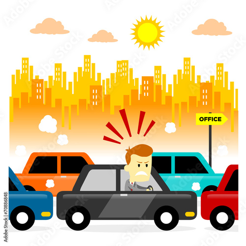 Man feeling stressed getting stuck in a morning traffic jam