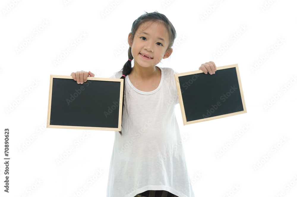 Little asian girl holding two black boards on white background Little asian girl holding two black boards on white background