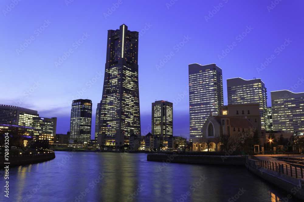 Skyscraper at Minatomirai, Yokohama in the twilight Skyscraper at Minatomirai, Yokohama in the twilight