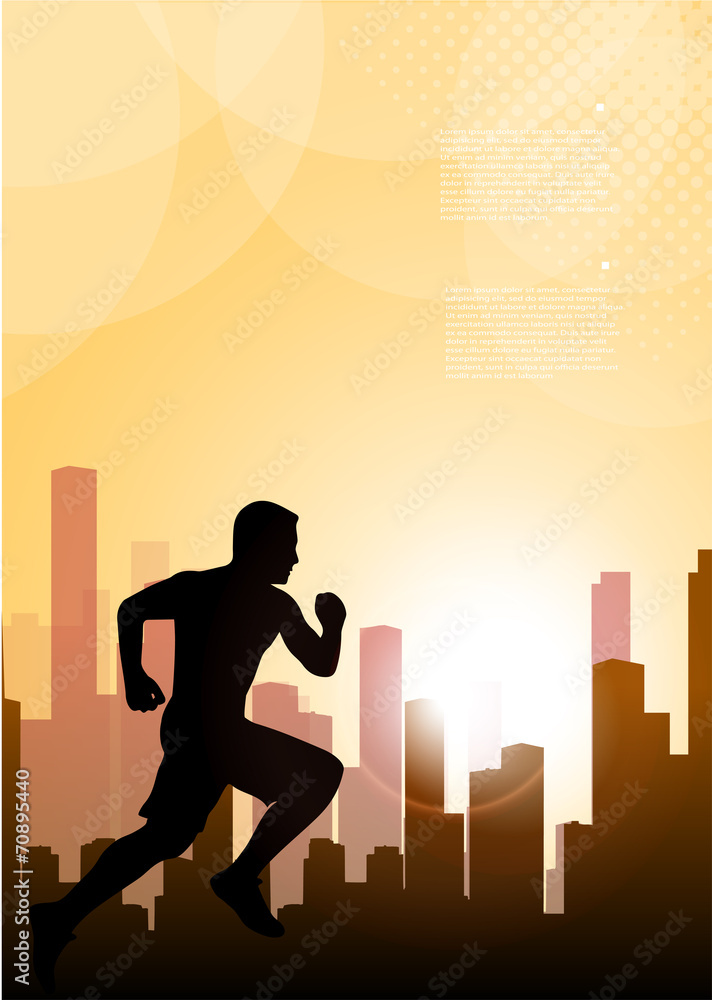 running man against the city. silhouette of the sprinter
