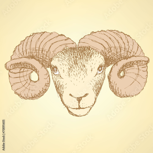 Sketch New Year ram in vintage style