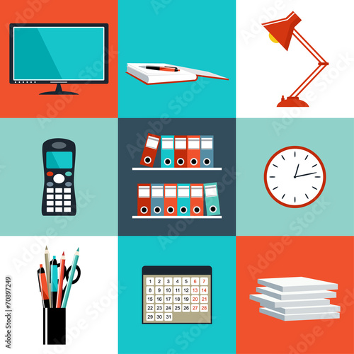 Flat vector set of office things, equipment, objects. Vector