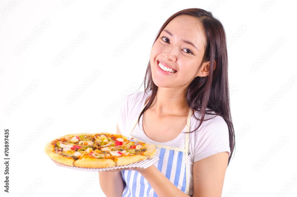 Asian girl show and holding seafood pizza in smile face