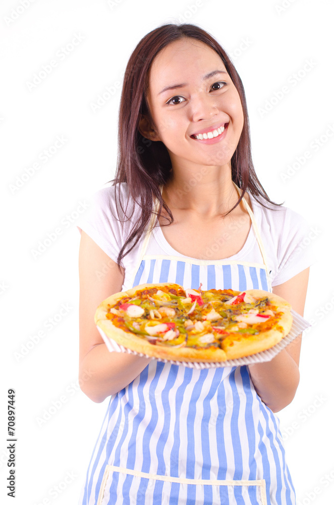 Asian girl show and holding seafood pizza in smile face