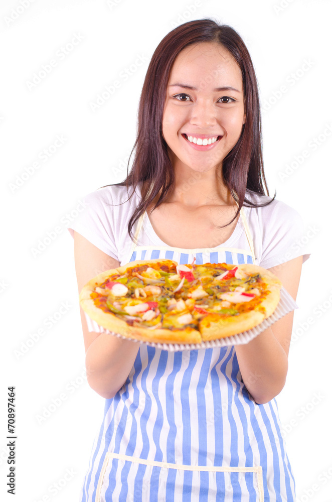 Asian girl show and holding seafood pizza in smile face