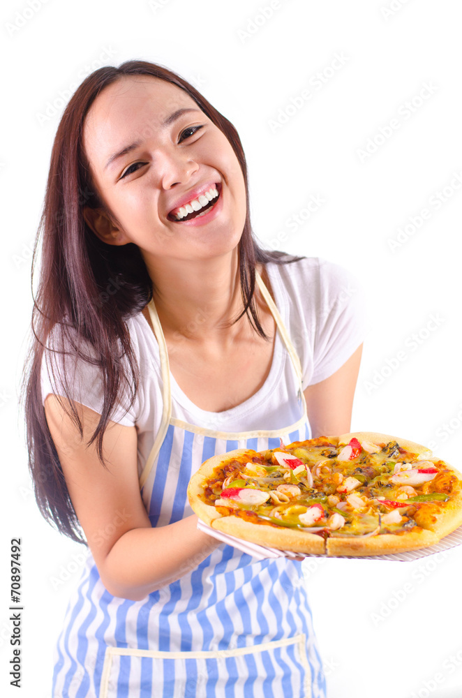 Asian girl show and holding seafood pizza in smile face Asian girl show and holding seafood pizza in smile face