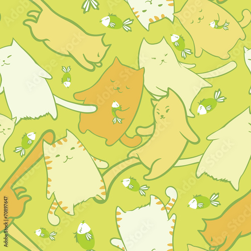 Seamless texture with funny cartoon cats and fishes.