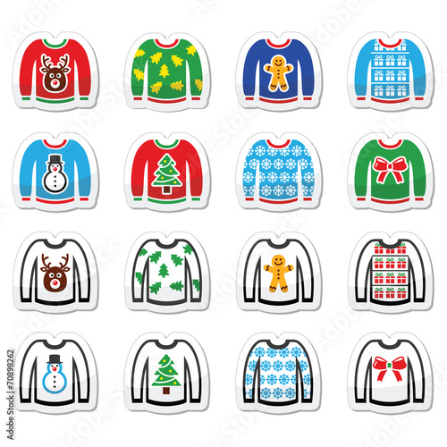 Ugly Christmas sweater on jumper icons set