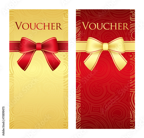 Vertical gold and red voucher with ribbon and swirl pattern