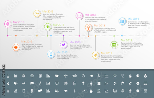 Timeline template in sticker style with set of icons.