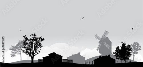 grey country landscape with village buildings