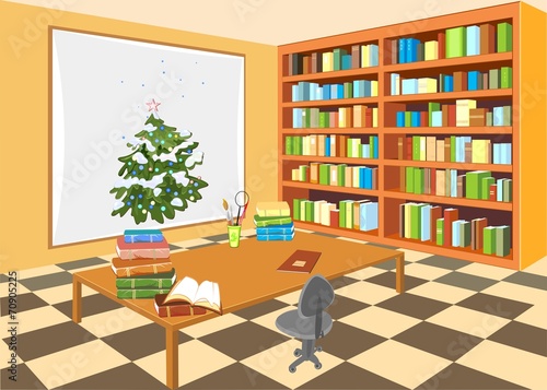 Interior of the library with Christmas tree