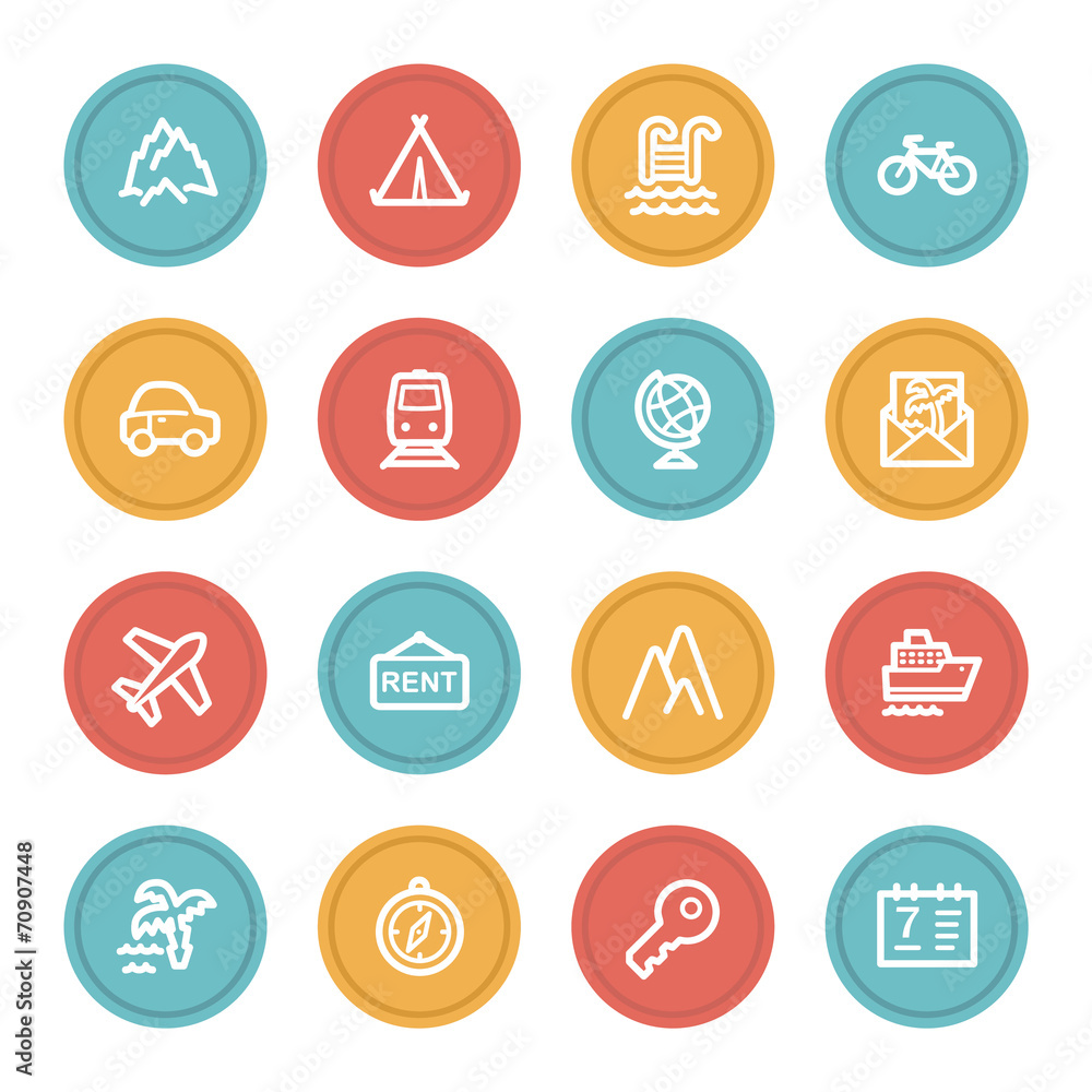 Travel web icon set 1, color circle buttons Travel web icon set 1, color circle buttons