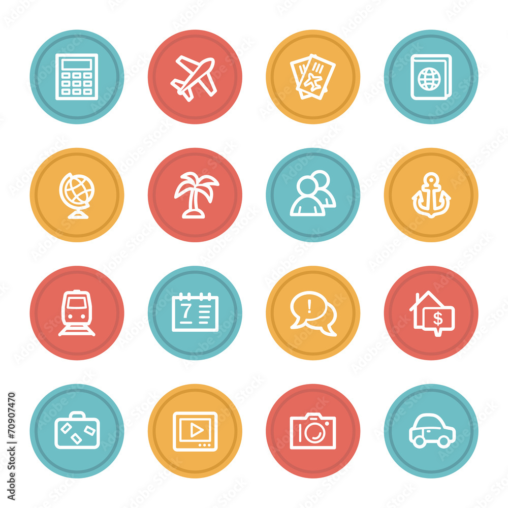 Travel web icon set 5, color circle buttons Travel web icon set 5, color circle buttons