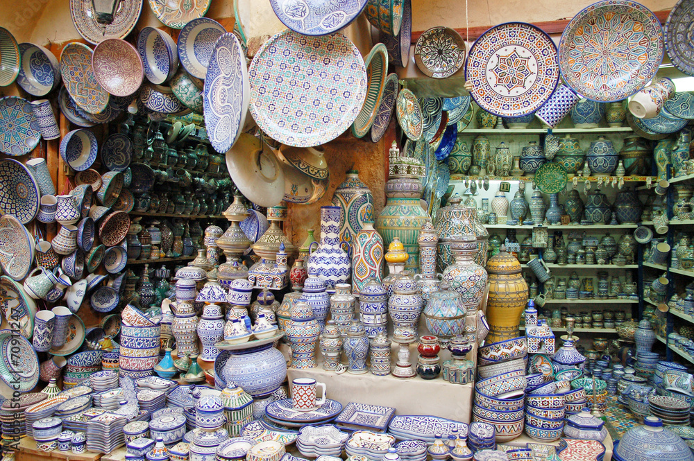 Shop with traditional pottery in Fes, Morocco