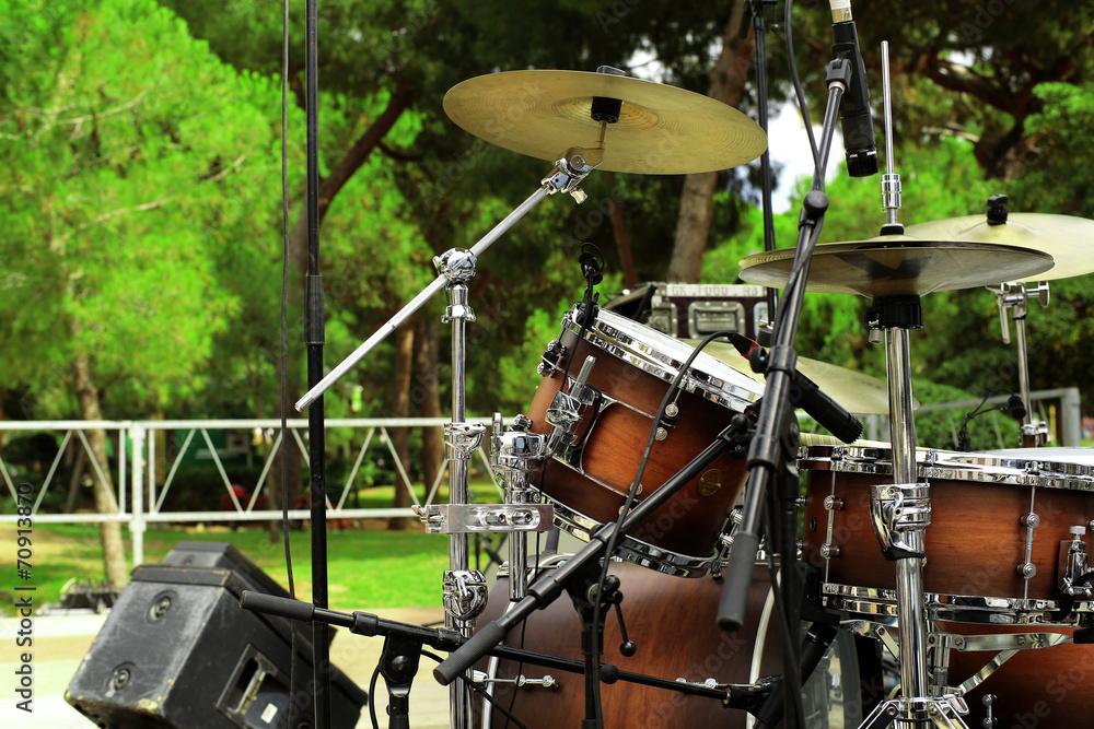 Drum set, musical instrument on a street concert