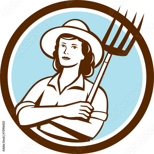 Female Organic Farmer Pitchfork Circle Retro