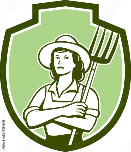 Female Organic Farmer Pitchfork Shield Retro