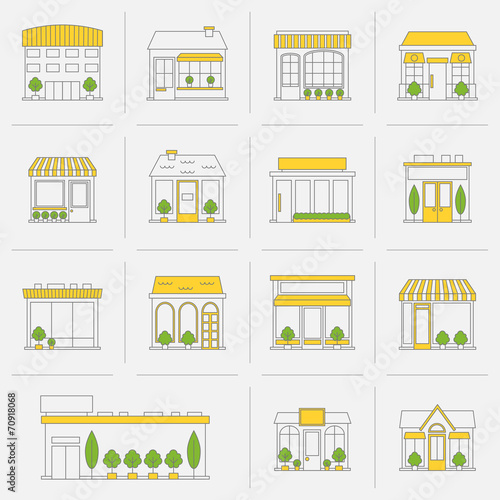 Store building icons set flat line