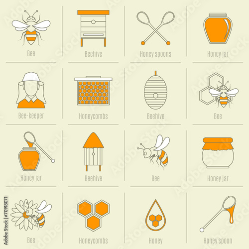 Bee honey icons flat line set