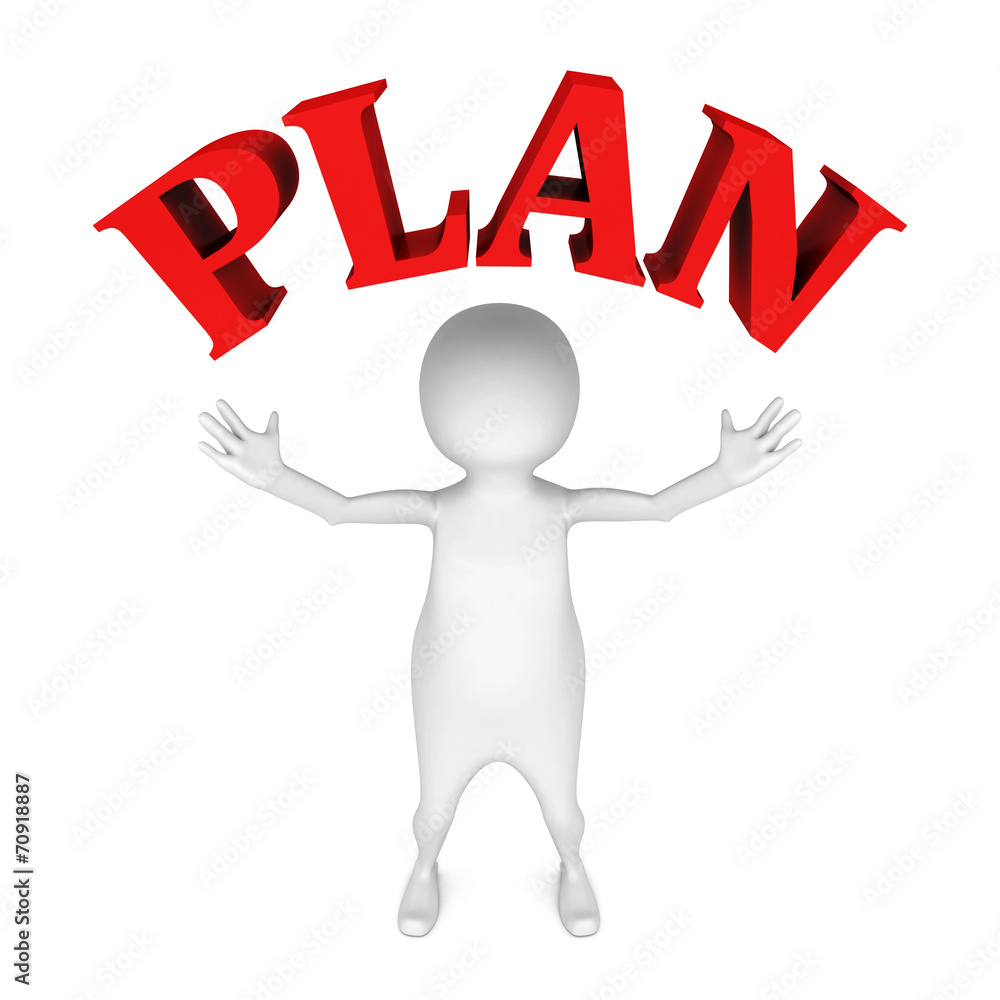 white 3d man with red PLAN word text white 3d man with red PLAN word text